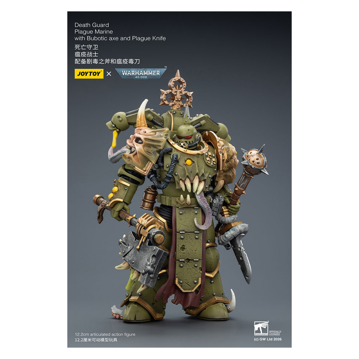 Joytoy - Death Guard - Plague Marine with Bubotic axe and Plague Knife 1/18 - Warhammer 40k