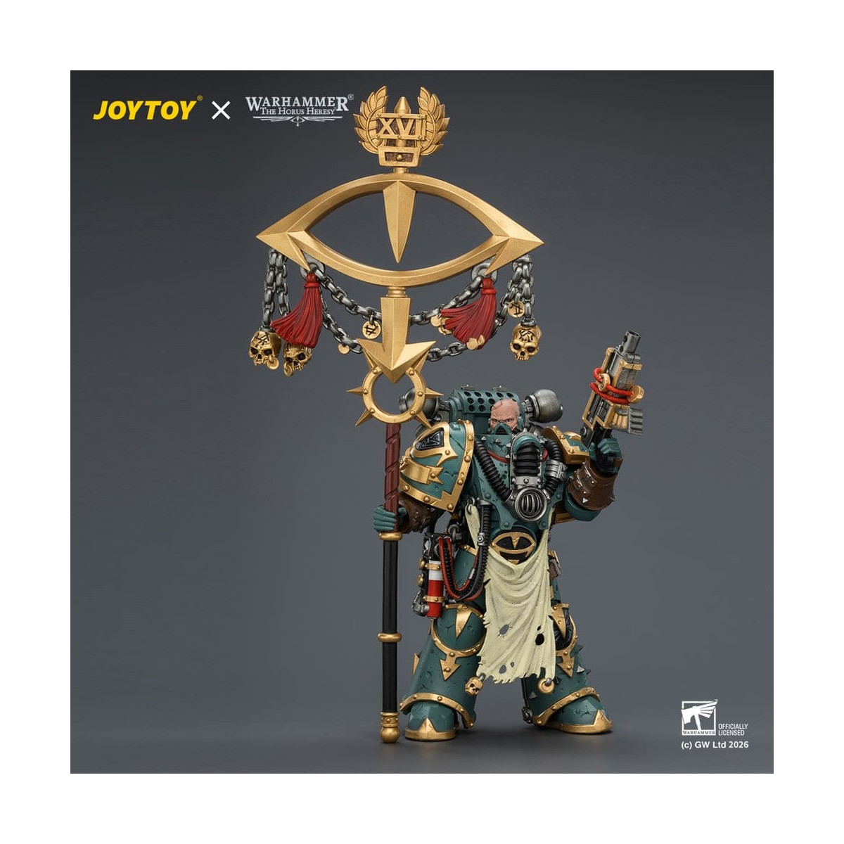 JoyToy - Sons of Horus - Maloghurst the Twisted, the Warmaster's Equerry with Legion Standard and Banestrike Bolter 1/18